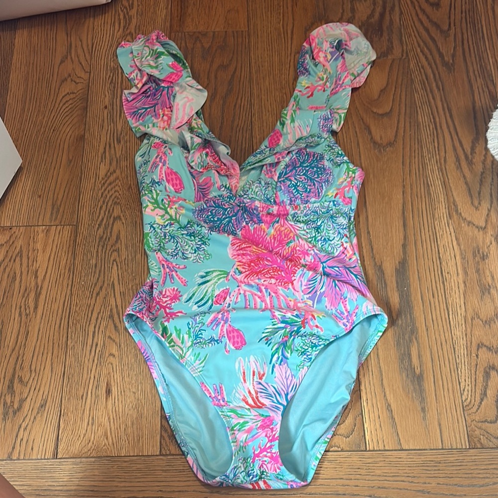 Lilly Pulitzer Aqua Multicolor Floral Ruffle One-Piece Swimsuit